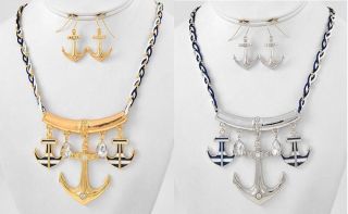   ANCHOR PENDANT NAUTICAL NAVY ROPE CHAIN NECKLACE & EARRINGS SET