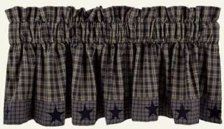   Country Navy Tan Plaid Applique Star Lined Cotton Valance 72x16
