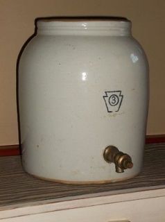 antique STONEWARE 3 gallon WATER COOLER Keystone /vintage crock jug 