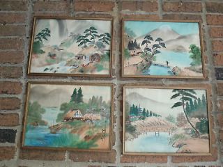 Antique Art Handpainted Silk Oriental Landscapes signed by artist, Set 