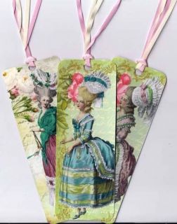 Vintage inspired bookmarks Marie Antoinette with silk ribbons set 6 