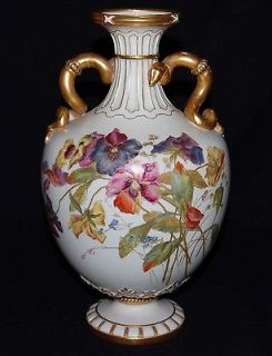 19th c Antique Royal Worcester Vase w/ HP Flowers & Gilt Snake Handles