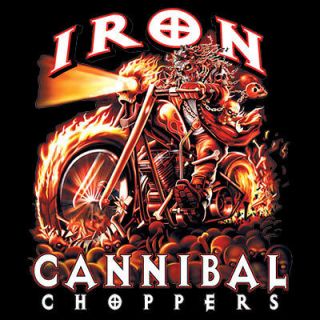 Biker Tshirt Iron Cannibal Choppers Motorcycle Helmet Rally Ride 
