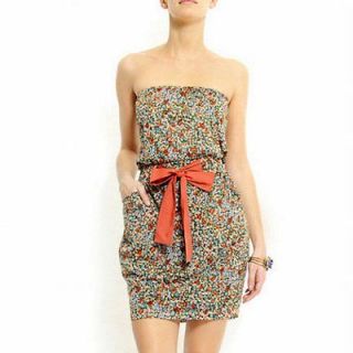 New Mango Floral Strapless Dress with Bow Tie L