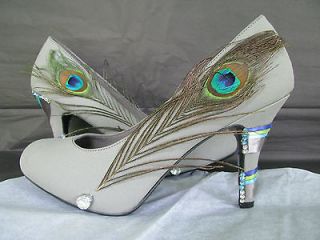 Gray Peacock Inspired Heels With Ribbon and Swarovski Crystals Size 8