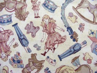 VINTAGE TOYS FABRIC ON IVORY~1/2 YARD~TRAINS~DOLLS~SOLDIERS~HORSES 