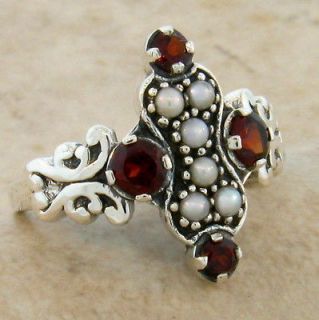   NATURAL GARNET SEED PEARL .925 SILVER ANTIQUE STYLE RING SIZE 7, #14