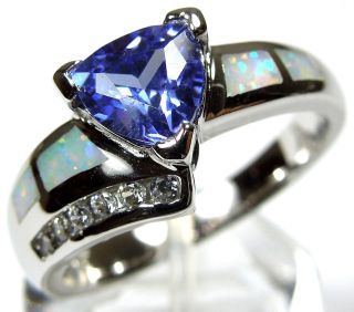   Tanzanite & White Fire Opal Inlay 925 Sterling Silver Ring 6, 7, 8, 9