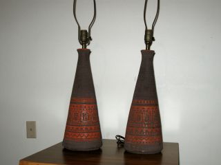   Ceramic Pottery Table Tribal Lamps Orange Brown Mid Century Raymor