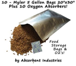 10   5 Gallon Mylar Bags 20 x 30 & 10   2000cc Oxygen Absorbers 