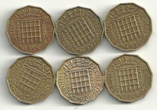 VERY NICE LOT 6 GREAT BRITAIN 3 PENCE COINS 1956,195​7,1958,1964,19 