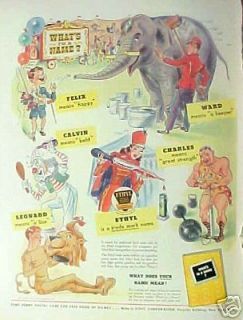   Ethyl Gasoline Vintage Circus Clown~Elephant~Lion Cartoon Print Art AD