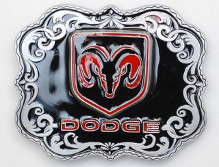 Pewter Plated Dodge Ram Head Belt Buckle  Black & Red Background