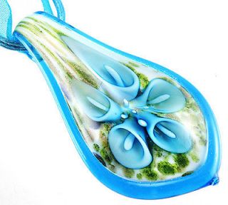   Lucky Flower Murano Art Lampwork Glass Pendant Ribbon Necklace Cord