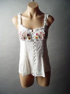 White Mexican Peasant Floral Embroidered Button Front Camisole Tank 