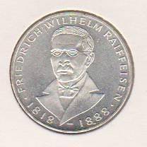 1968 J UNC 5 Deutsche Mark   Friedrich Wilhelm Raiffeisen Silver Coin