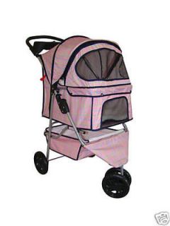 Pink Grid 3 Wheels Pet Dog Cat Stroller w/RainCover