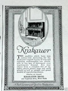   MAGAZINE PRINT AD, KRAKAUER BROTHERS PLAYER PIANOS, UPRIGHT AND GRAND