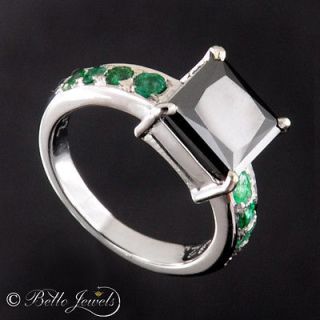 00 Ct Certified Princess Cut Black Diamond With Emerald 925 Silver 
