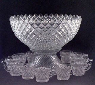 1940s Westmoreland English Hobnail Crystal Punch Bowl w Stand & Cups