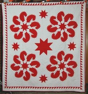   1880s Red & White Princess Feather Stars Antique Quilt ~SAWTOOTH