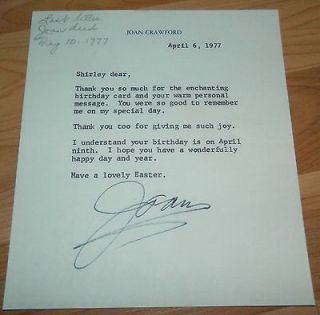   1977 Actress Joan Crawford Hand Signed Autographed Typed Letter