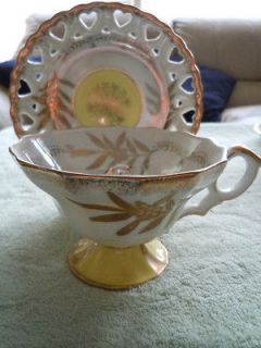   Halsey Fine China Cup/Saucer Opa​que with gold lattice and yellow