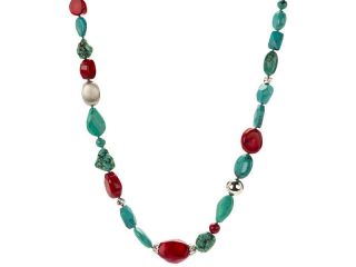 Bright Turquoise & Red Coral .925 Sterling Silver Necklace *FREE 