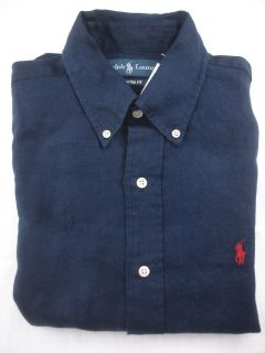 Ralph Lauren Polo Mens 100% Linen Shirt Long Sleeve Custom Fit Navy 