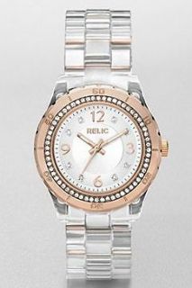 RELIC WOMENS CLEAR RESIN & ROSE GOLD TONE CRYSTAL WATCH ZR11901 MSRP $ 