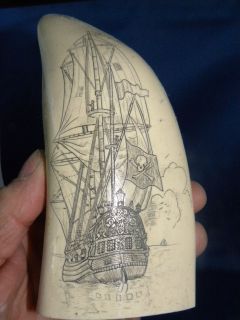 Scrimshaw replica sperm whale tooth PIRATE SHIP 7 inches long