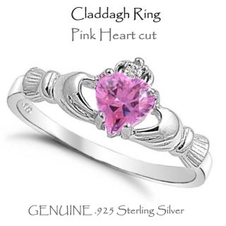 Pink Heart Claddagh Sterling Silver Ring   9mm   Sizes 5   9
