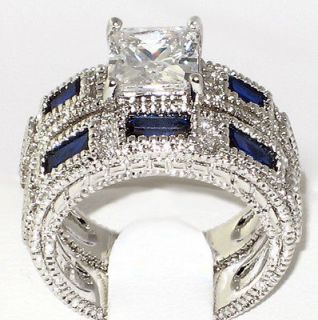   lab Sapphire & Cubic Zirconia ANTIQUE Bridal Wedding Ring Set   SIZE 7