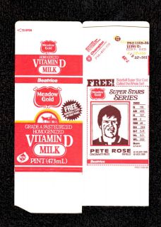 1986 Meadow Gold  Pete Rose Card on a Unfolded Milk Carton Scarce