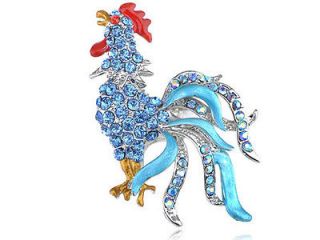   Sapphire Crystal Rhinestone Chicken Crowing Rooster Hen Pin Brooch