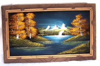 Vintage, Painting of Lake Scene on Velvet, 22 x 14 , Made in Mexico