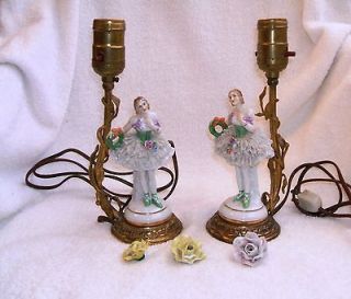   German Volkstedt Dresden Lace Ladies with Flowers Lamp Figurine