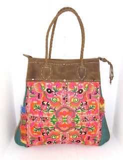 Tote Handbag Leather Embroidered Cloth Hmong Bag Genuine Leather Strap 