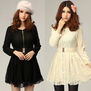 Asian Sizes F 3XL Womens elegant front zip long sleeve lace mini dress 