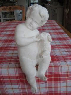   Large Cherub Plaster Chalkware Figure Statue Boy Child Dog White