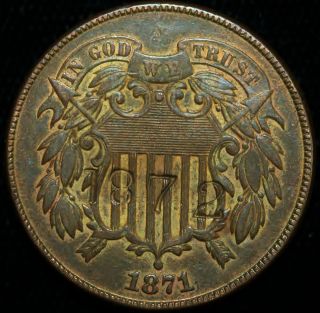 1871 TWO CENT PIECE COIN 1872 COUNTERSTAMP