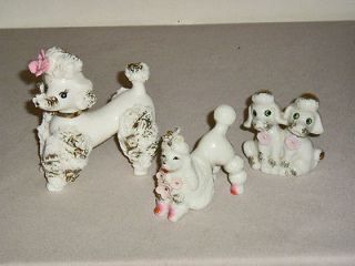 Vintage 50s Spaghetti Ceramic Poodle Dogs, pink flowers & gold trim