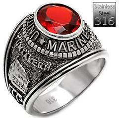 Mens Siam Red CZ US Marines Military Stainless Steel Ring