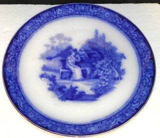 Antique Flow Blue Victorian Man Woman Bench Potrait Plate,Porcelain 9 