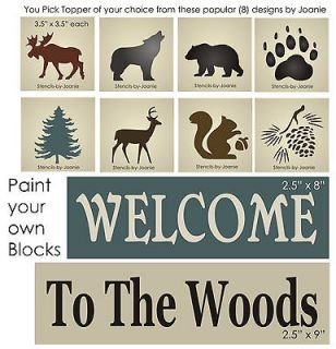 STENCIL Welcome Woods Rustic Bear Moose Wolf Tree Pinecone Squirrel 