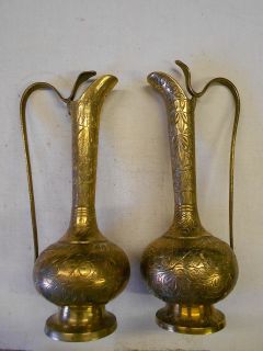   Etched Brass Pitchers Teapots. Leaf Motif. India. FREE SHIP IN USA