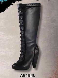   Neo Victorian Black Knee HIGH Boots Scallops Lacing & Tiny Buttons