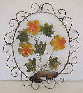 Vintage Italian Toleware Metal Enamel Flower Daisy Wall Hanging Shabby 