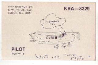 QSL CB Radio Card Edison NJ New Jersey KBA 8329 Airplane Plane