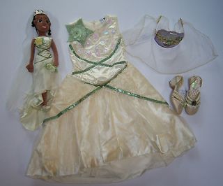   & Frog Tiana Wedding Dress Costume XS 4/4T Shoes Tiara Veil Doll
